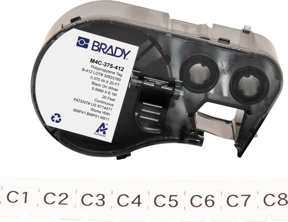Brady M4C-375-412 - High Tensile Polypropylene Inserts/Tags w/Ribbon For BMP41 BMP51 M511 Printers, 0.375', Black On White