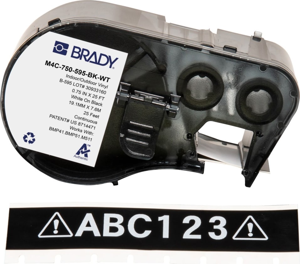 Brady M4C-750-595-BK-WT - All Weather Permanent Adhesive Vinyl Label Tape w/Ribbon For BMP41 BMP51 M511 Printers, 0.75', White on Black