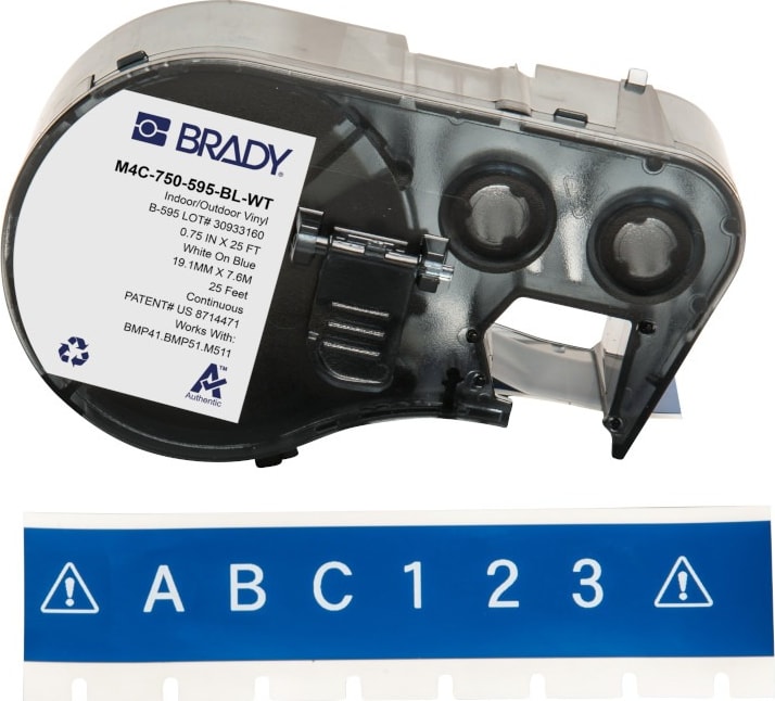 Brady M4C-750-595-BL-WT - All Weather Permanent Adhesive Vinyl Label Tape w/Ribbon For BMP41 BMP51 M511 Printers, 0.75', White on Blue
