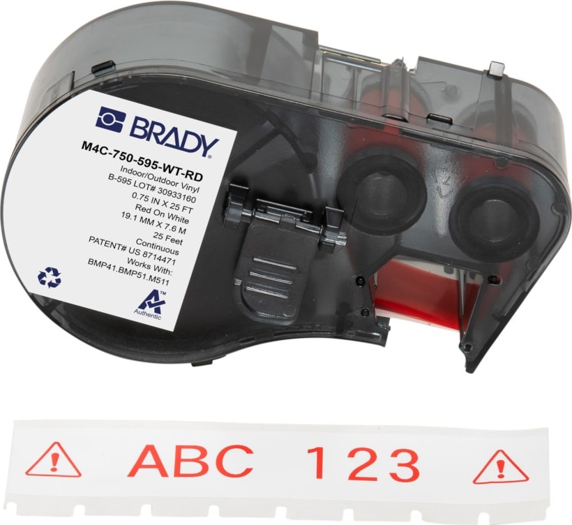 Brady M4C-750-595-WT-RD - All Weather Permanent Adhesive Vinyl Label Tape w/Ribbon For BMP41 BMP51 M511 Printers, 0.75', Red on White