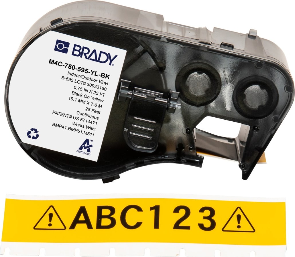 Brady M4C-750-595-YL-BK - All Weather Permanent Adhesive Vinyl Label Tape w/Ribbon For BMP41 BMP51 M511 Printers, 0.75', Black on Yellow