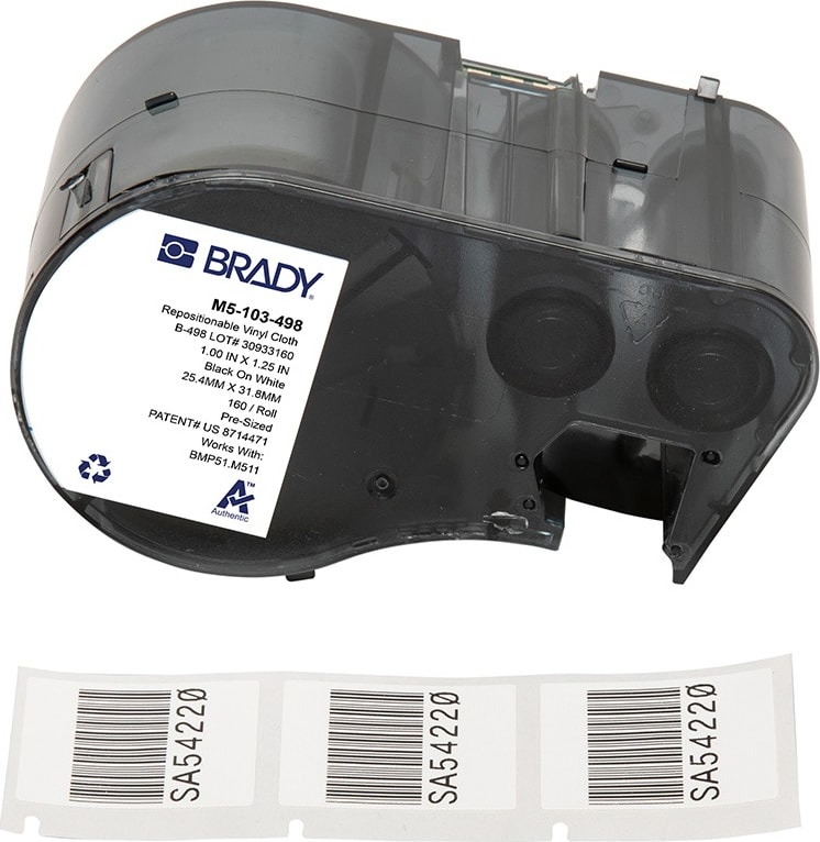 Brady M5-103-498 - Repositionable Multi-Purpose Vinyl Cloth Labels w/Ribbon, 1.25' x 1', Black on White, 160 Labels/Cartridge