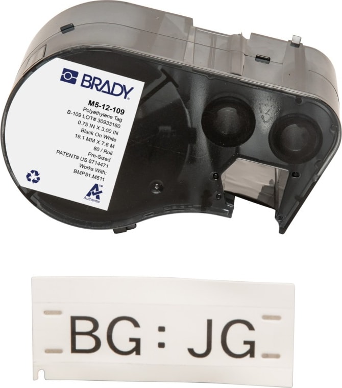 Brady M5-12-109 - Multi-Purpose Tear Resistant Tags w/Ribbon For BMP51 M511 Printers, 0.75' x 3', Black on White