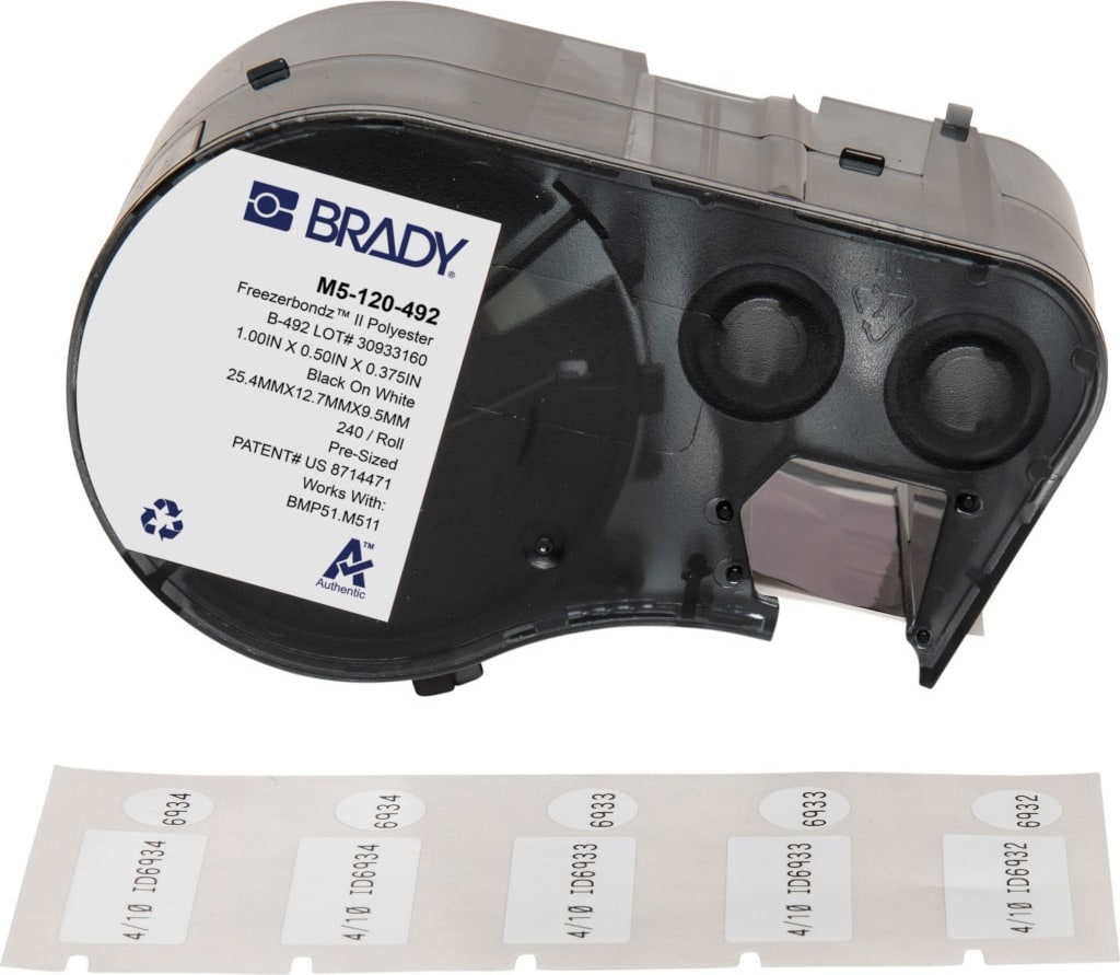 Brady M5-120-492 - FreezerBondz Ultra-Thin Cryogenic Polyester Vial and Tube Labels w/Ribbon, Black on White, 0.6' H x 1.625' W x 0.375' Dia, 200 Labels/Cartridge