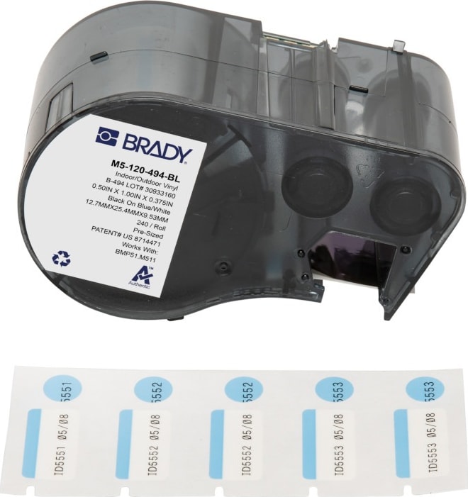 Brady M5-120-494-BL - Color Polyester Laboratory Labels w/Ribbon, 0.375' H x 1' W Printable Area, Black on Blue, White, 240 Labels/Cartridge