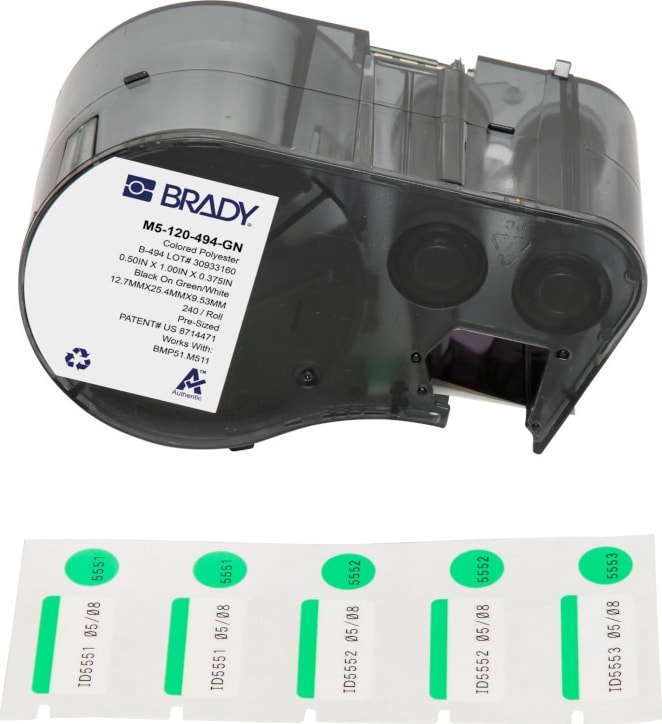 Brady M5-120-494-GN - Color Polyester Laboratory Labels w/Ribbon, 0.375' H x 1' W Printable Area, Black on Green, White, 240 Labels/Cartridge