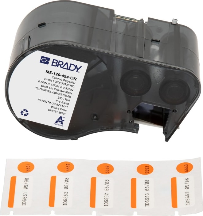 Brady M5-120-494-OR - Color Polyester Laboratory Labels w/Ribbon, 0.375' H x 1' W Printable Area, Black on Orange, White, 240 Labels/Cartridge