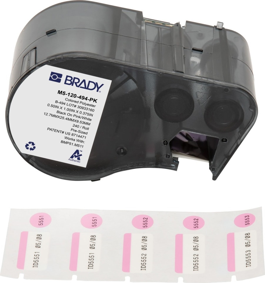 Brady M5-120-494-PK - Color Polyester Laboratory Labels w/Ribbon, 0.375' H x 1' W Printable Area, Black on Pink, White, 240 Labels/Cartridge