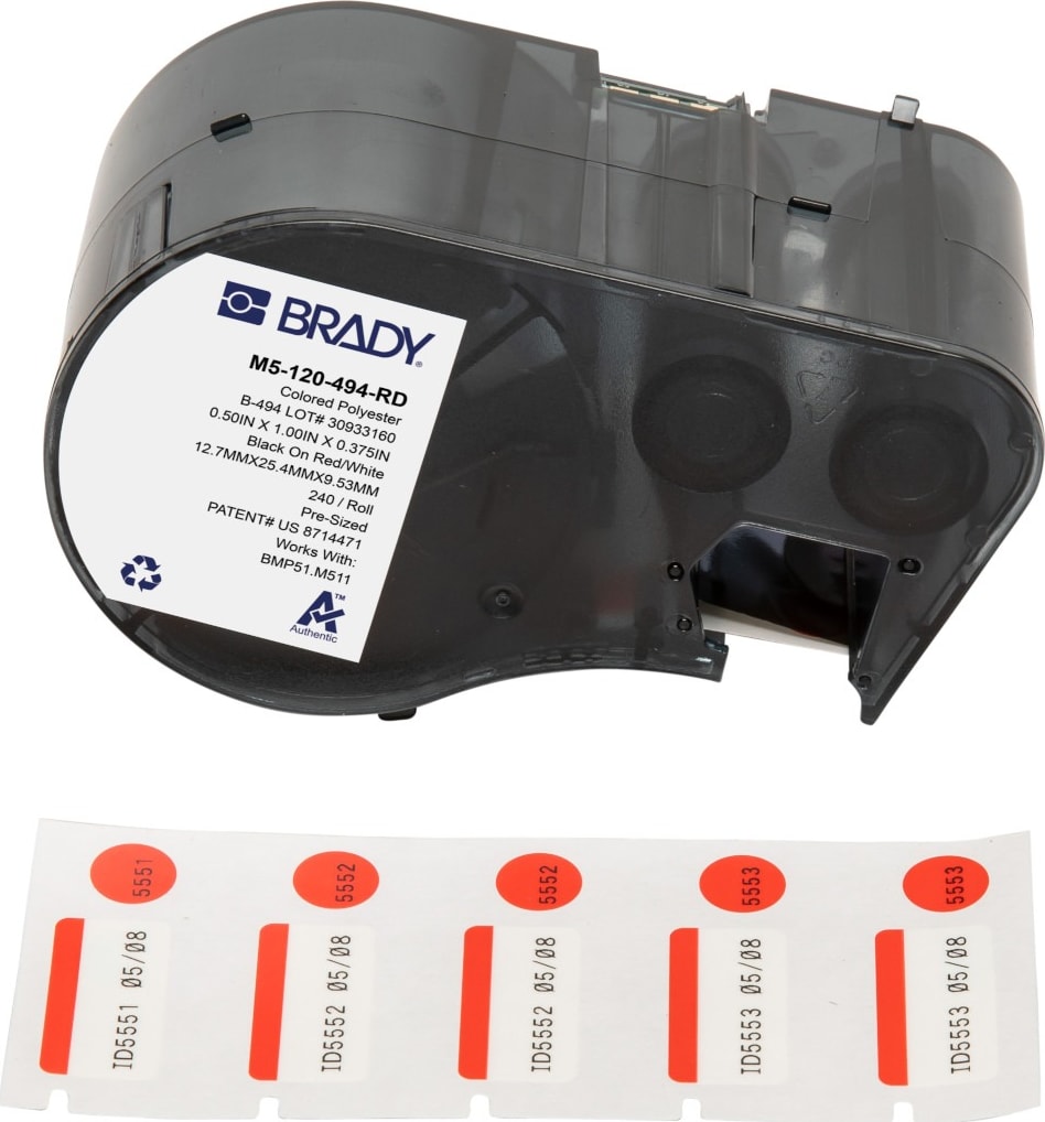 Brady M5-120-494-RD - Color Polyester Laboratory Labels w/Ribbon, 0.375' H x 1' W Printable Area, Black on Red, White, 240 Labels/Cartridge