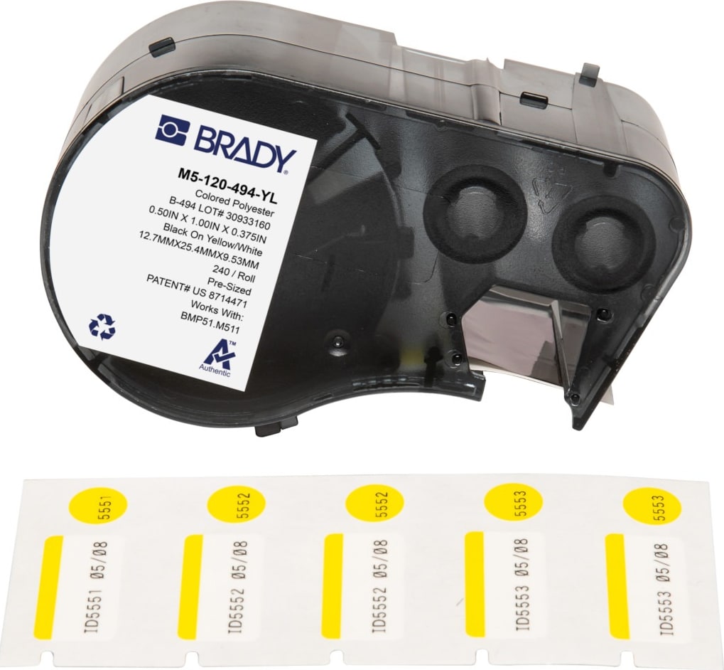 Brady M5-120-494-YL - Color Polyester Laboratory Labels w/Ribbon, 0.375' H x 1' W Printable Area, Black on Red, White, 240 Labels/Cartridge