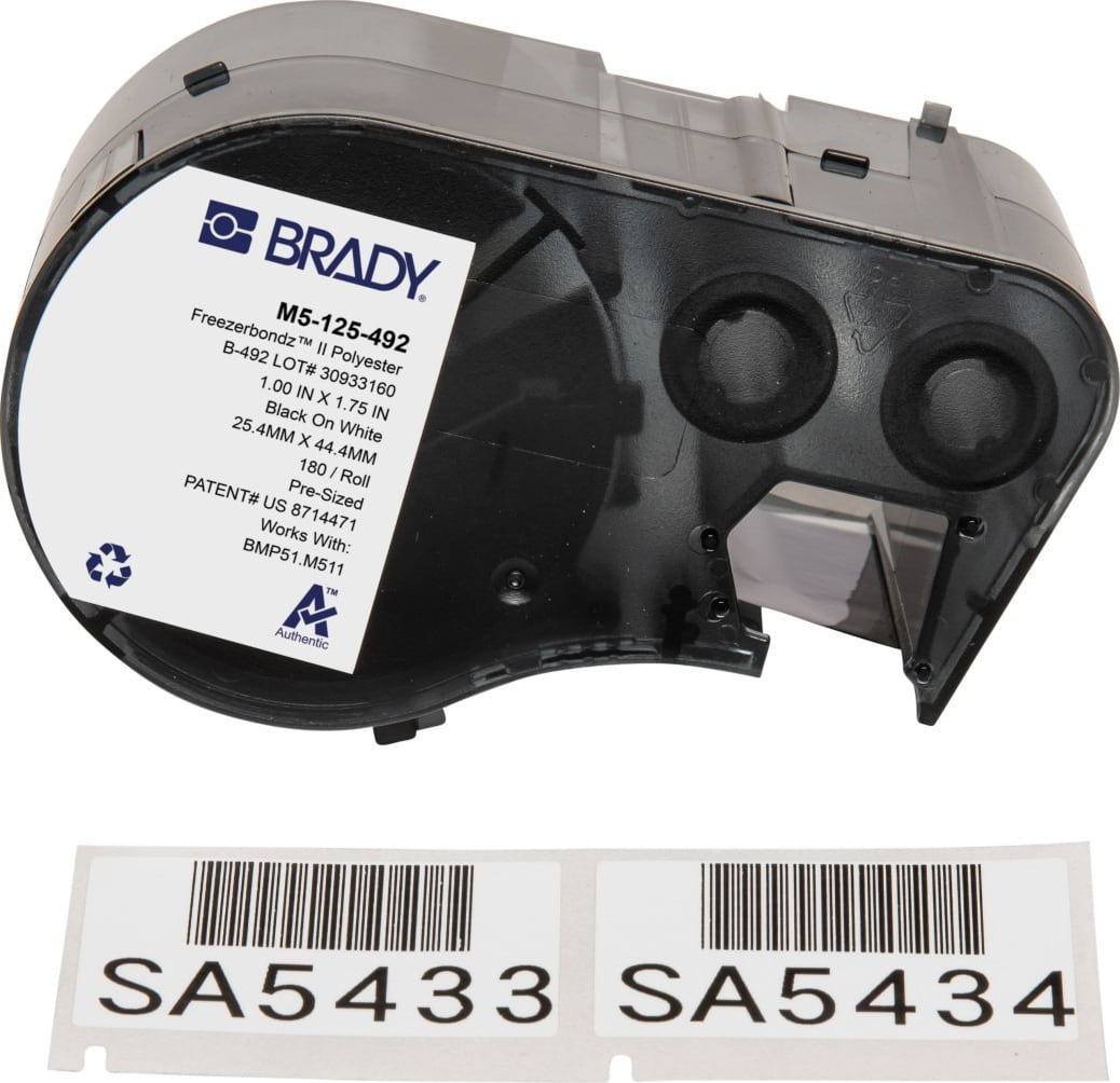 Brady M5-125-492 - FreezerBondz Ultra-Thin Cryogenic Polyester Labels w/Ribbon, 1' x 1.75', Black on White, 180 Labels/Cartridge
