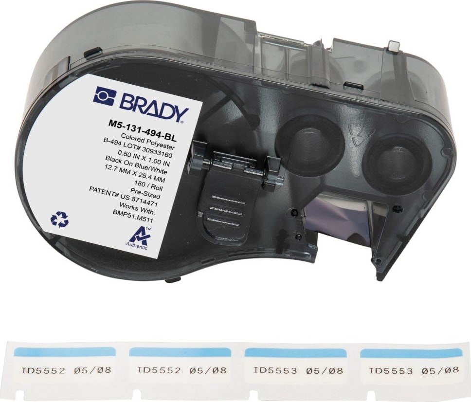 Brady M5-131-494-BL - Color Polyester Laboratory Labels w/Ribbon, 0.375' H x 1' W Printable Area, Black on Blue, White, 180 Labels/Cartridge