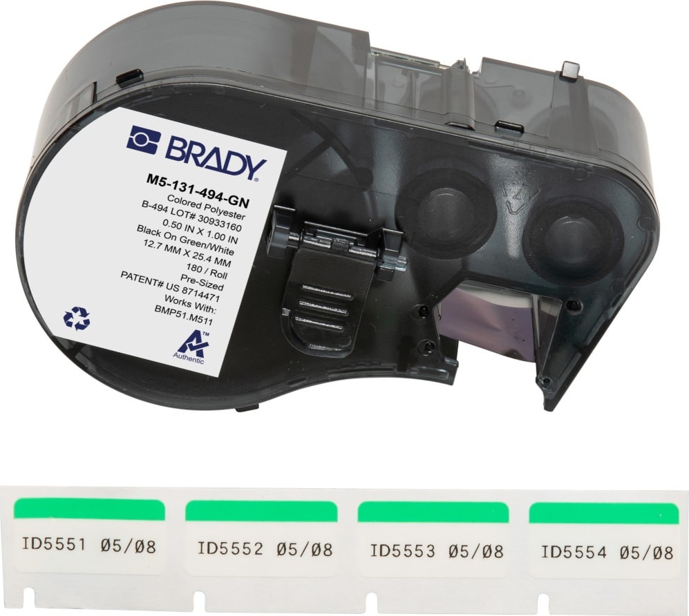 Brady M5-131-494-GN - Color Polyester Laboratory Labels w/Ribbon, 0.375' H x 1' W Printable Area, Black on Green, White, 180 Labels/Cartridge
