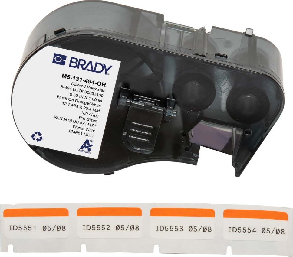 Brady M5-131-494-OR - Color Polyester Laboratory Labels w/Ribbon, 0.375' H x 1' W Printable Area, Black on Orange, White, 180 Labels/Cartridge