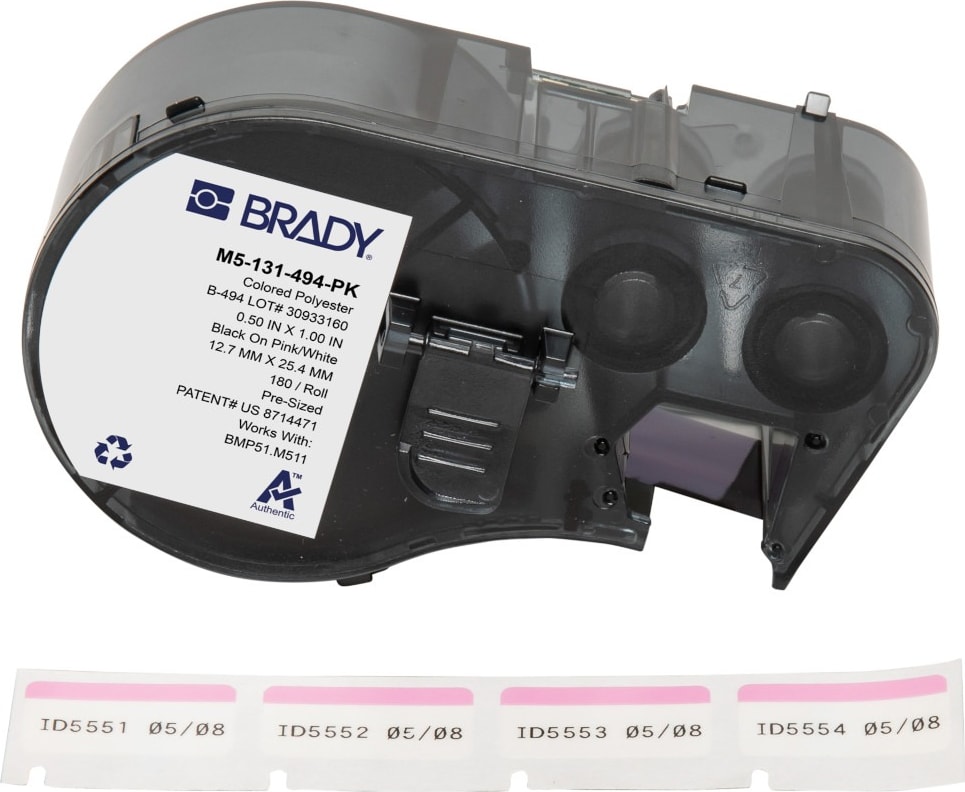 Brady M5-131-494-PK - Color Polyester Laboratory Labels w/Ribbon, 0.375' H x 1' W Printable Area, Black on Pink, White, 180 Labels/Cartridge