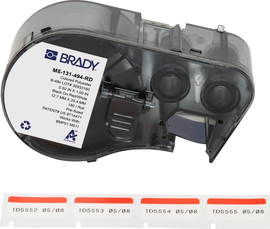 Brady M5-131-494-RD - Color Polyester Laboratory Labels w/Ribbon, 0.375' H x 1' W Printable Area, Black on Red, White, 180 Labels/Cartridge