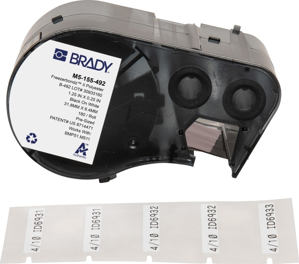 Brady M5-155-492 - FreezerBondz Ultra-Thin Cryogenic Polyester Labels w/Ribbon, 0.25' x 1.25', Black on White, 180 Labels/Cartridge