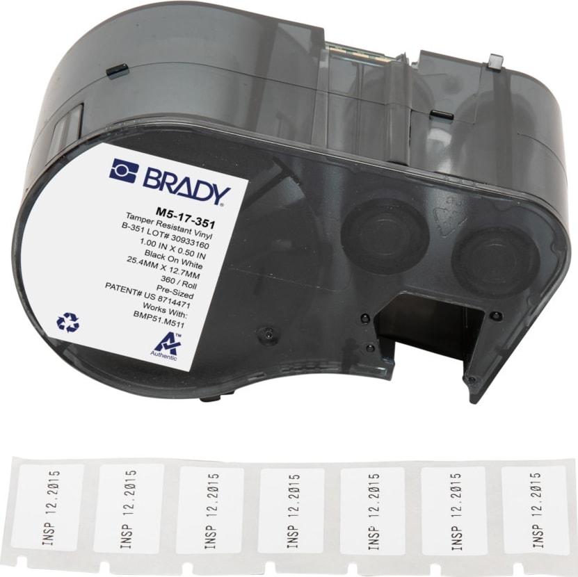 Brady M5-17-351 - Destructible Tamper Evident Matte Vinyl Labels w/Ribbon, 0.5' x 1', Black on White, 360 Labels/Cartridge