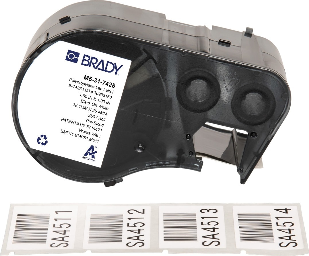 Brady M5-31-7425 - Chemical Resistant Cryogenic Polypropylene Labels w/Ribbon, Black on White, 1' H x 1.5' W, 250 Labels/Cartridge
