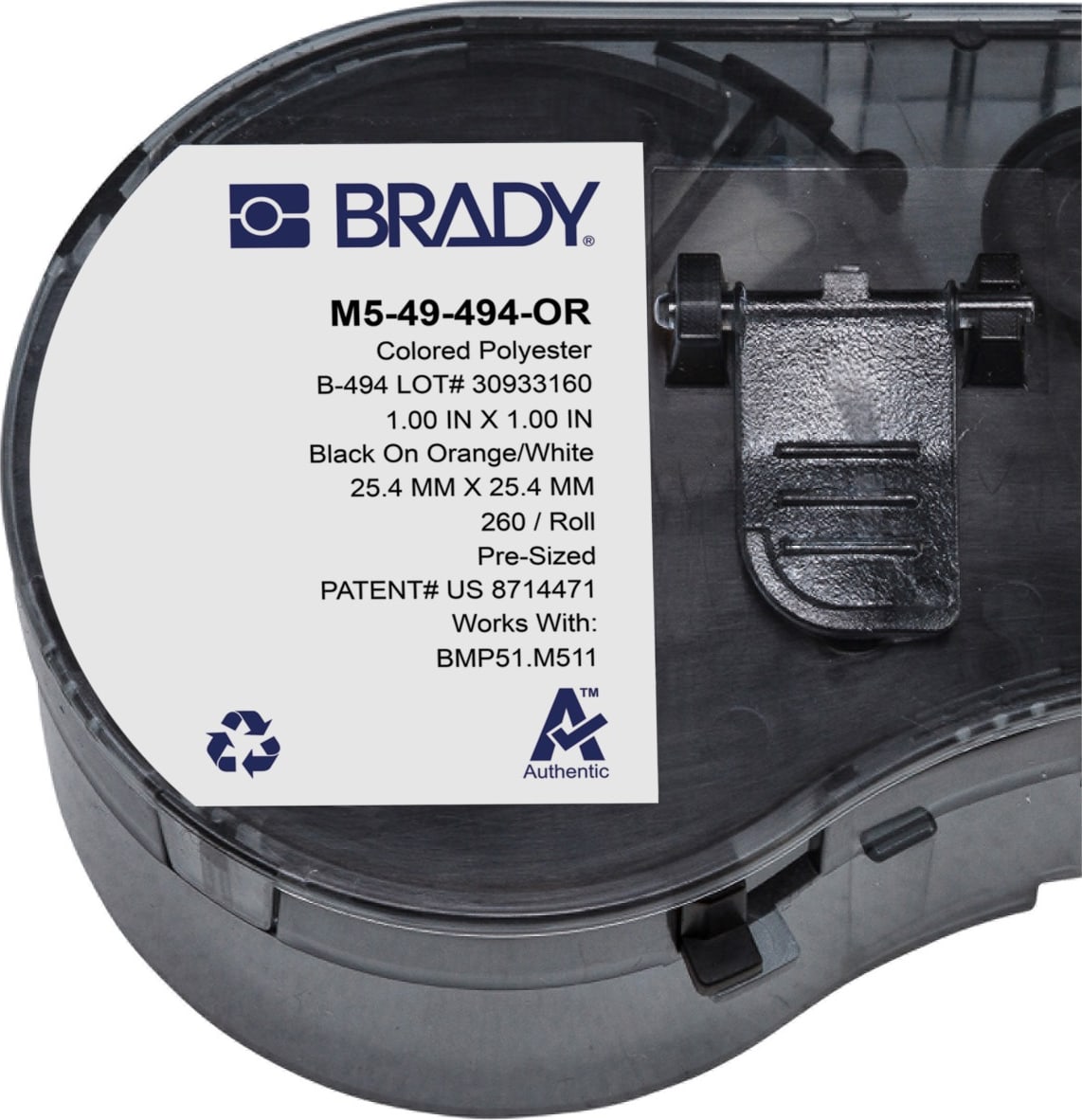 Brady M5-49-494-OR - Color Polyester Laboratory Labels w/Ribbon, 0.875' H x 1' W Printable Area, Black on Orange, White, 260 Labels/Cartridge