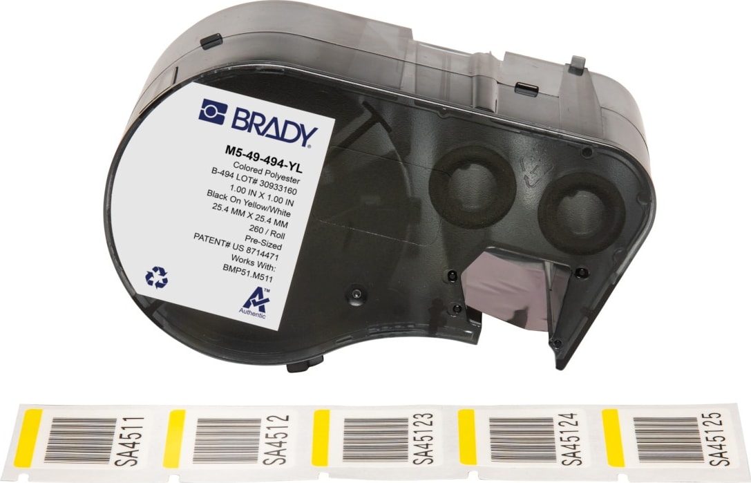 Brady M5-49-494-YL - Color Polyester Laboratory Labels w/Ribbon, 0.875' H x 1' W Printable Area, Black on Yellow, White, 260 Labels/Cartridge