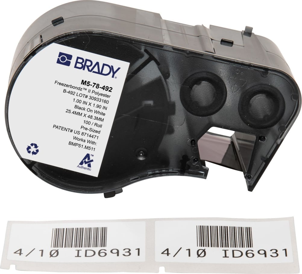 Brady M5-78-492 - FreezerBondz Ultra-Thin Cryogenic Polyester Labels w/Ribbon, 1.9' x 1', Black on White, 100 Labels/Cartridge