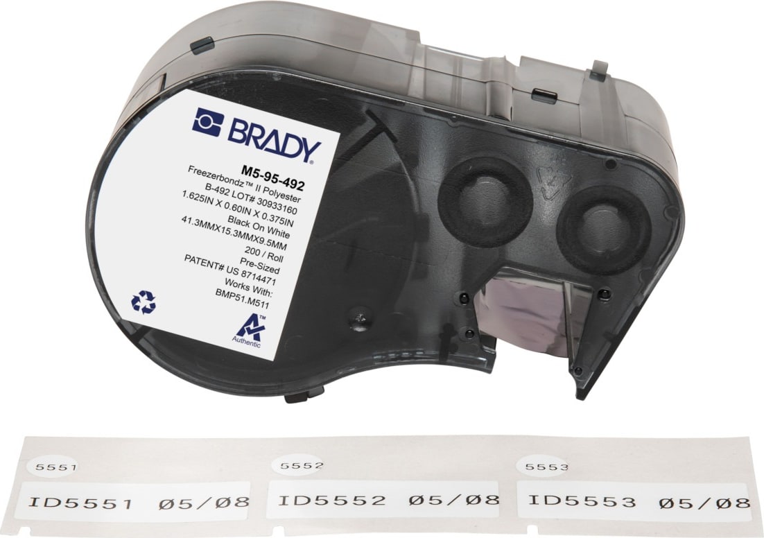 Brady M5-95-492 - FreezerBondz Ultra-Thin Cryogenic Polyester Vial and Tube Labels w/Ribbon, Black on White, 0.6' H x 1.625' W x 0.375' Dia, 200 Labels/Cartridge