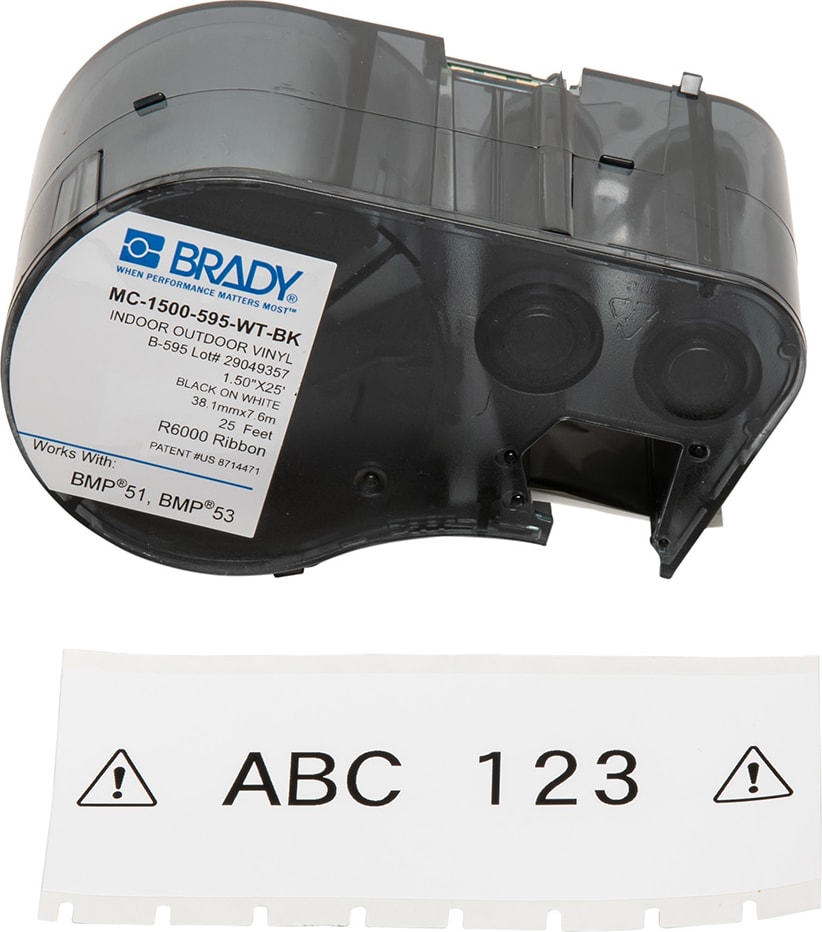 Brady MC-1500-595-WT-BK - All Weather Permanent Adhesive Vinyl Label Tape w/Ribbon For BMP51 - 1.5' (Black on White)