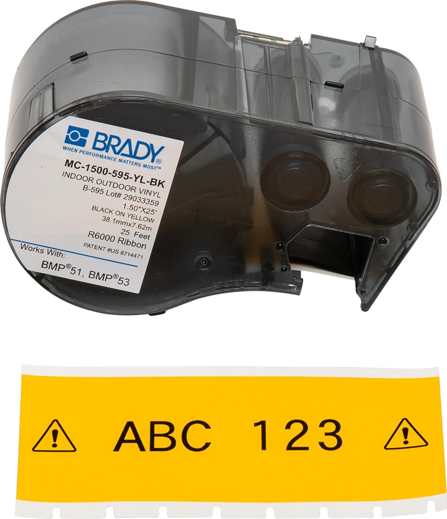 Brady MC-1500-595-YL-BK - All Weather Permanent Adhesive Vinyl Label Tape w/Ribbon For BMP51 - 1.5' (Black on Yellow)