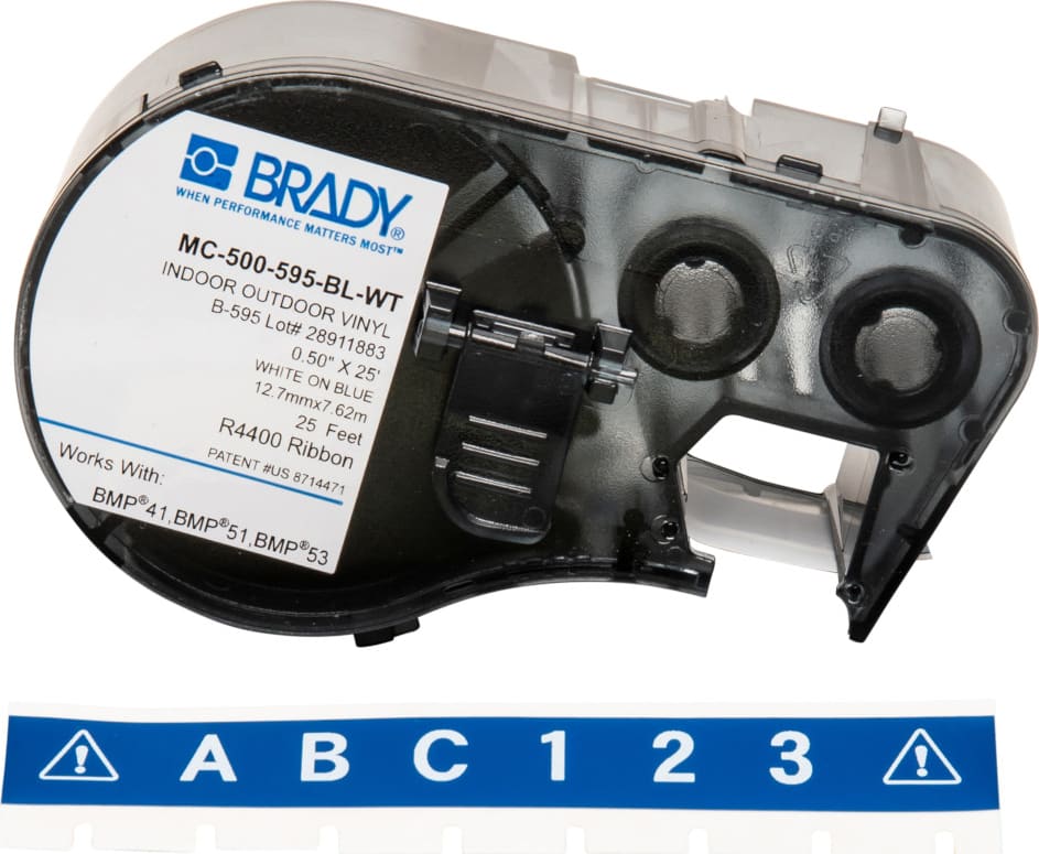Brady MC-500-595-BL-WT - All Weather Permanent Adhesive Vinyl Label Tape w/ Ribbon for BMP41 BMP51 - 0.5', White on Blue