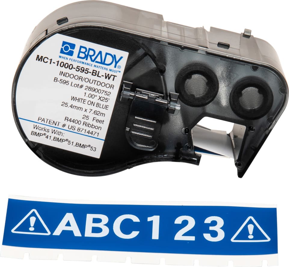 Brady MC1-1000-595-BL-WT - All Weather Permanent Adhesive Vinyl Label Tape w/ Ribbon for BMP41 BMP51 - 1', White on Blue