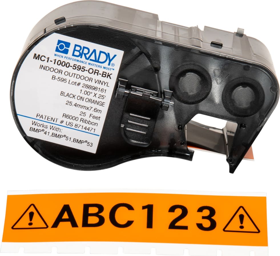 Brady MC1-1000-595-OR-BK - All Weather Permanent Adhesive Vinyl Label Tape w/Ribbon for BMP41 BMP51 - 1' (Black/Orange)