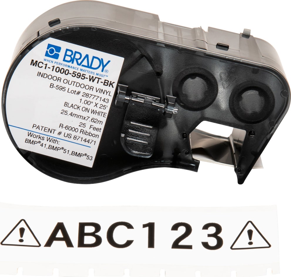 Brady MC1-1000-595-WT-BK - All Weather Permanent Adhesive Vinyl Label Tape w/Ribbon for BMP41 BMP51 - 1'(Black/White)