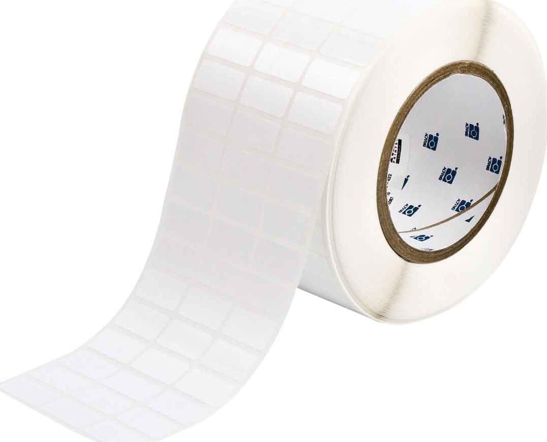 Brady THT-5-351-10 - 3' Core Tamper-Resistant Vinyl Labels, 0.5 in H x 1 in W, 3/Row (White)
