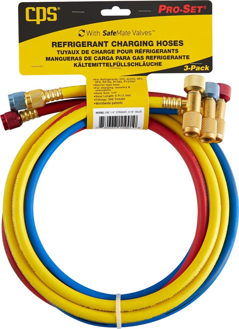 CPS HK5NG - 3-Pack (R,Y,B) 5-ft Premium Charging Hose Set, ¼-inch straight to 5/16-inch SafeMate Fitting