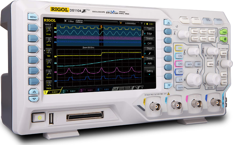 Rigol DS1104Z-S Plus 100 MHz Digital Oscilloscope with 4 Channels and 16 Digital Channels + 25 MHz Bandwidth with 2 Signal Source Channels