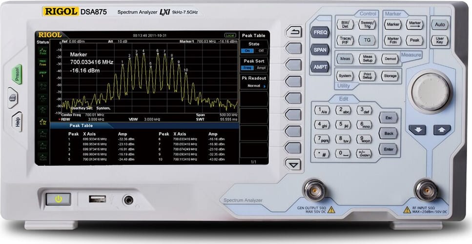 Rigol DSA875-TG-DEMO Spectrum Analyzers - Bandwidth Range Max: 7.5 Ghz, Bandwith Range Min: 9 kHz, Noise Floor: 161 dB