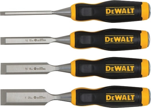Dewalt DWHT16063 - Wood Chisel Set, Chrome Carbon-Steel Blade, Bi-Material Handle, 4 Pcs