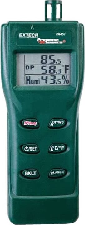 Extech RH401 Psychrometer - Style (Psychrometer): Hand Held, Accuracy: ±3% RH, ±1.8°F or ±1°C, Measurement Types (Psychrometer): Temperature T/C