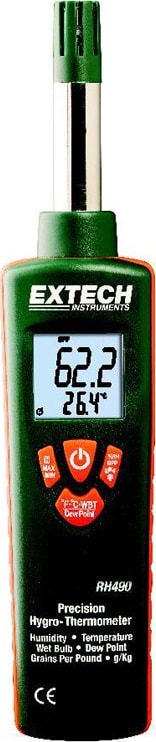 Extech RH490 Psychrometer - Style (Psychrometer): Hand Held, Accuracy: ±2%RH, ±1.8°F/1°C, Measurement Types (Psychrometer): Temperature T/C