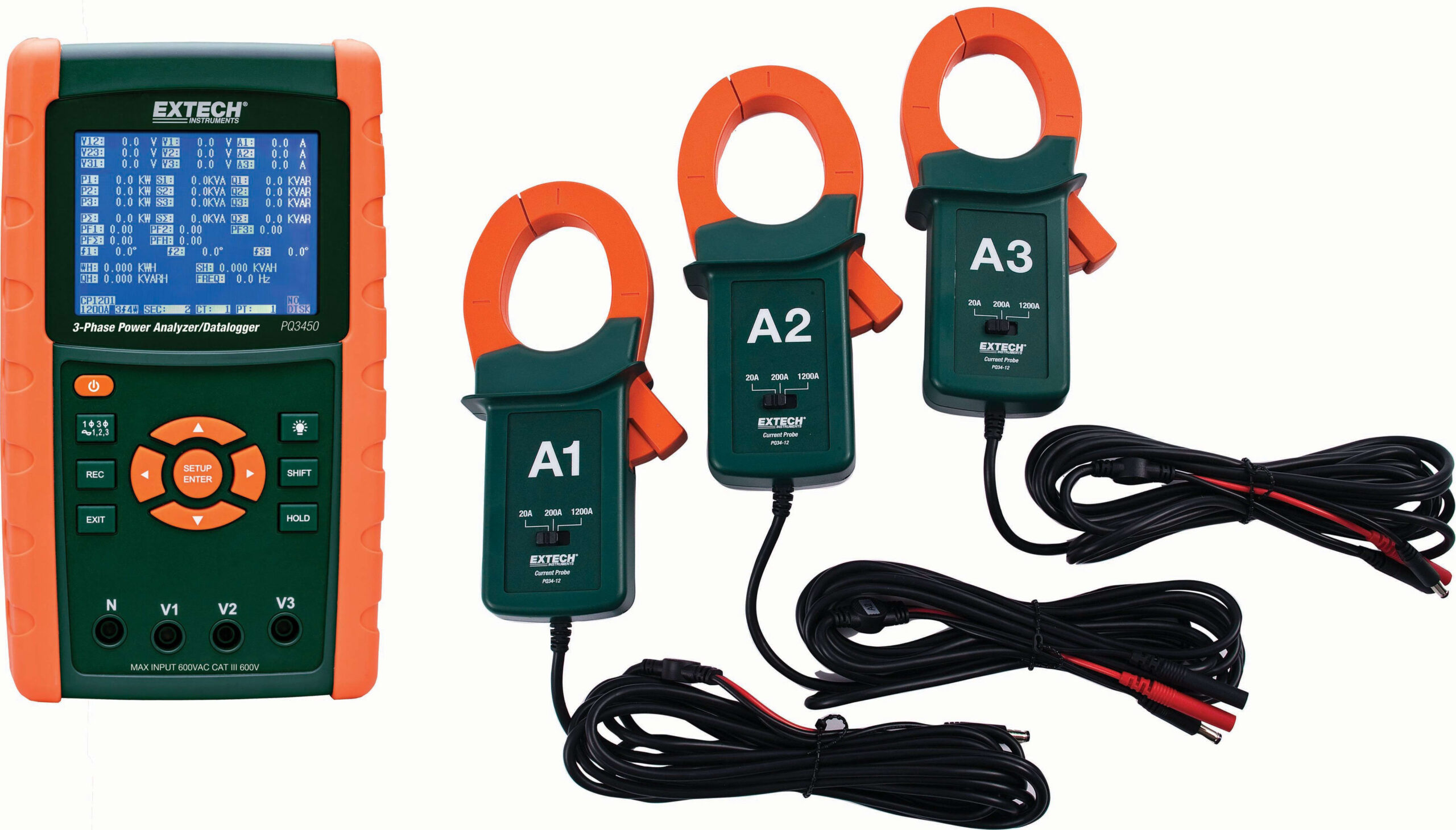 Extech PQ3450-12-NIST - 1200A 3-Phase Power Analyzer/Datalogger Kit with NIST Calibration