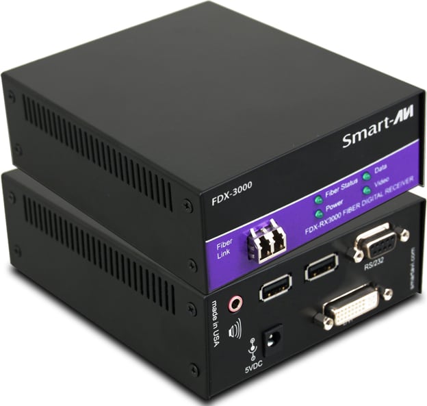 Smart-AVI FDX-3000S - Point to Point DVI-D, USB Keyboard & Mouse, Audio and RS232 over Multimode Fiber Extender