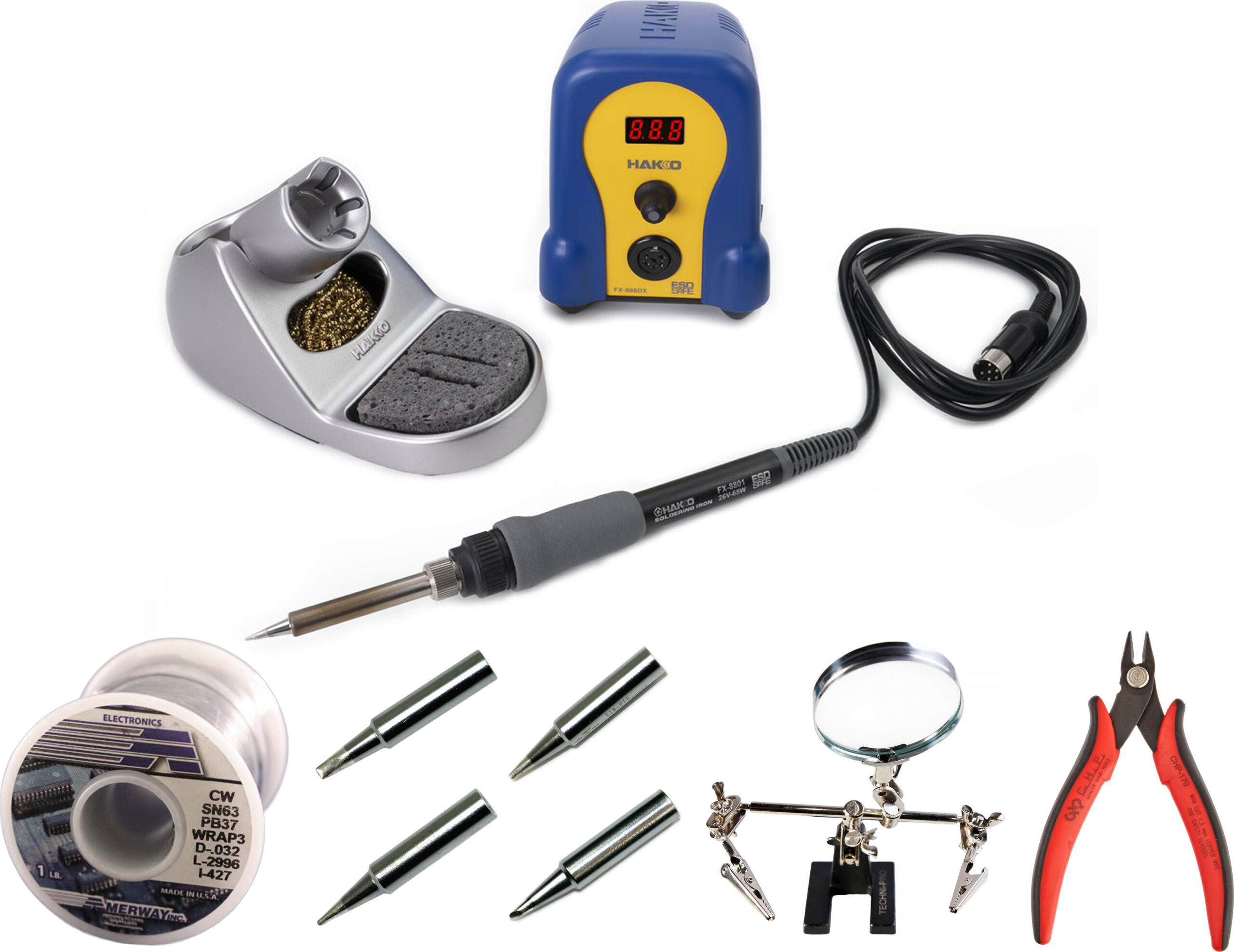 Hakko FX888DX-010BY KIT 1 - Package with Station, 4 Extra Tips, 1lb Roll of Solder (63/37), Micro-Cutter and PCB Holder