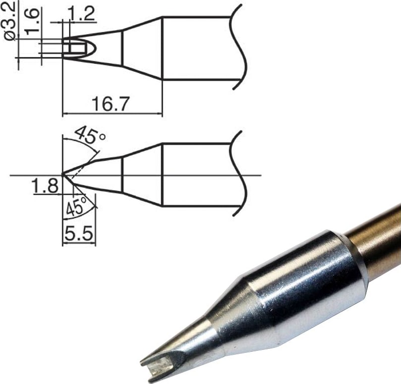 Hakko T33-1611 - T33 Standard Series Soldering Tip, 1.6mm/45° x 16.7mm, Groove