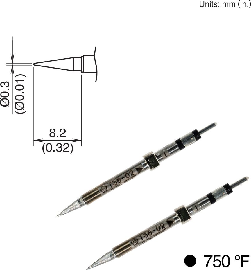 Hakko T38-02I - Tips for FX-1003, 2pk, Conical, 8.2mm x 0.3mm, 400°C/750°F