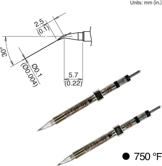 Hakko T38-02JS - Tips for FX-1003, 2pk, Bent, 5.7mm x 0.1mm, 400°C/750°F