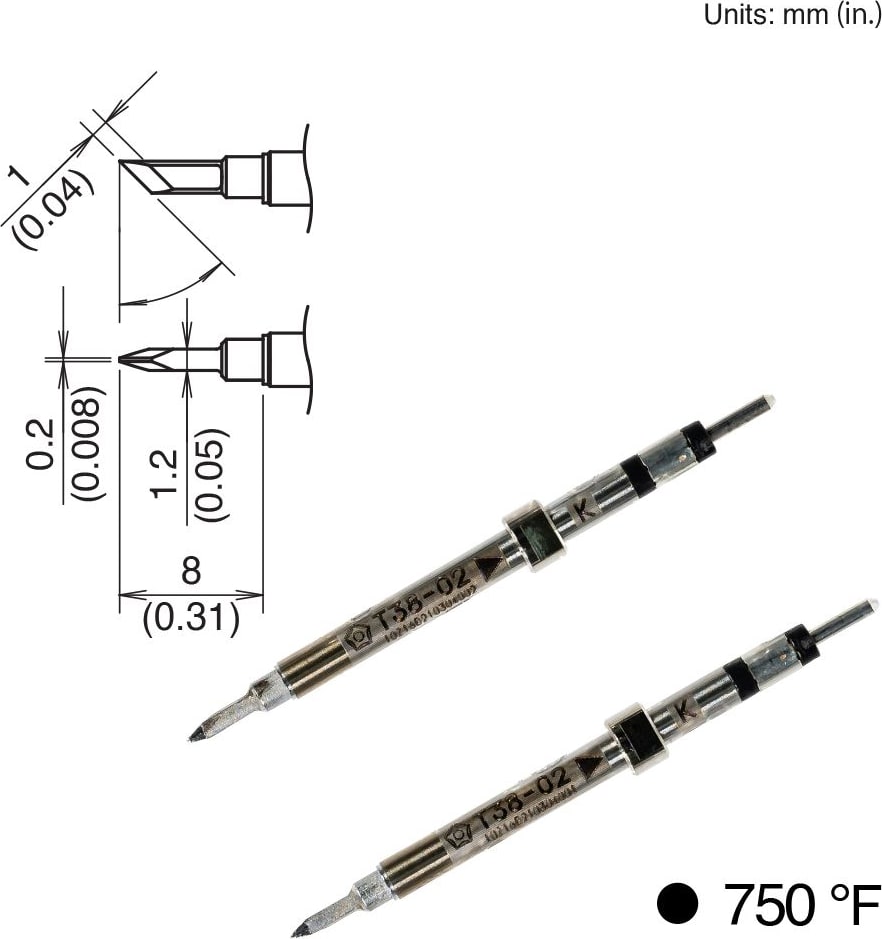 Hakko T38-02K - Tips for FX-1003, 2pk, Knife, 8mm x 1.8mm, 400°C/750°F