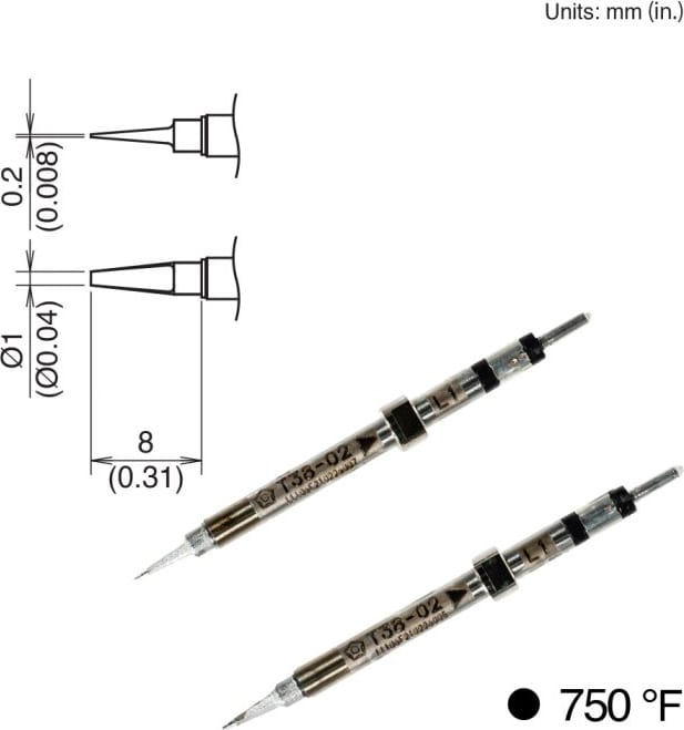 Hakko T38-02L1 - Tips for FX-1003, 2pk, Chip, 8mm x 1mm, 400°C/750°F