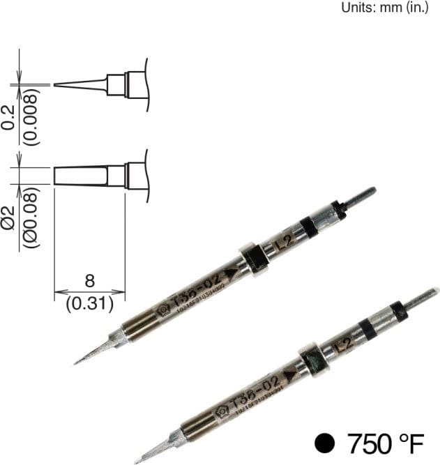 Hakko T38-02L2 - Tips for FX-1003, 2pk, Chip, 8mm x 2mm, 400°C/750°F