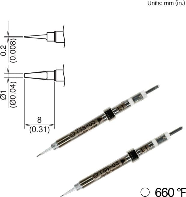 Hakko T38-03L1 - Tips for FX-1003, 2pk, Chip, 8mm x 1mm, 350°C/660°F